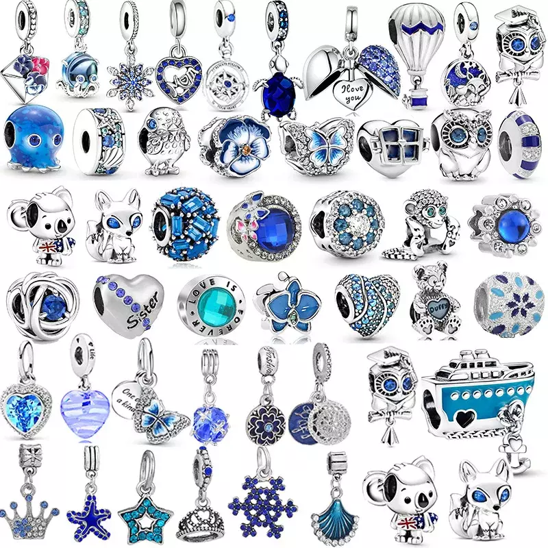 Pendentif de perles de charme de la série Animal bleu plaqué pour femme, collier Pandora, bracelet, porte-clés, bijoux à bricoler soi-même, cadeau de Thanksgiving, 925