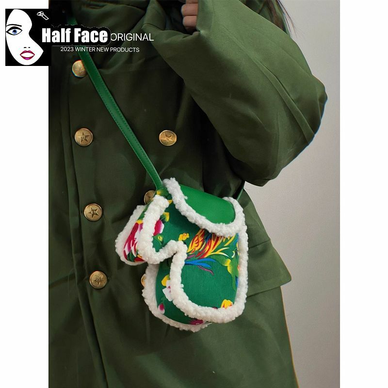 Mini bolso de un solo hombro de felpa para mujer, bolsa de teléfono, bolso de mano de Lolita, guantes cruzados, gótico, Steam Punk, Northeast Flower, Harajuku, Y2K
