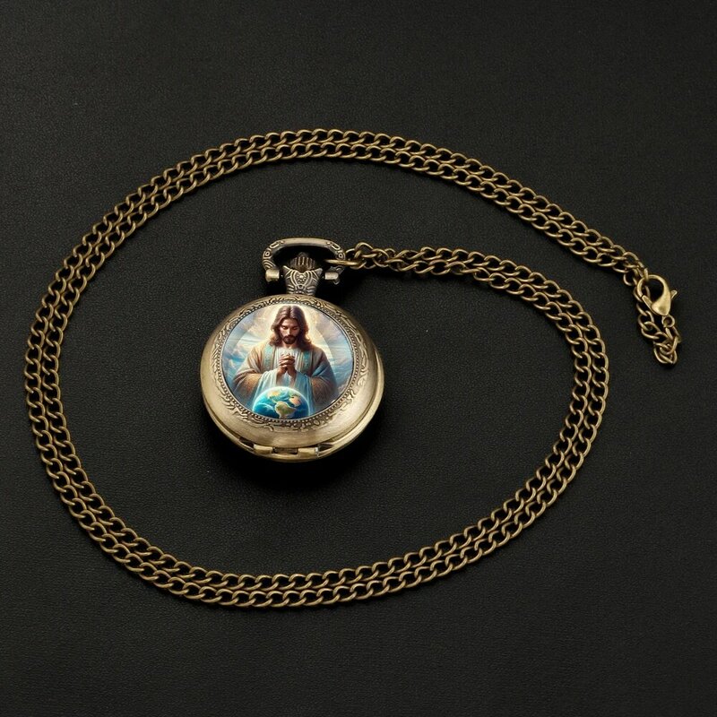 Mysterious Jesus Son of God Bronze Vintage Quartz Pocket Watch Women Men Necklace Unique Pendant Clock Watch Gift Accessories