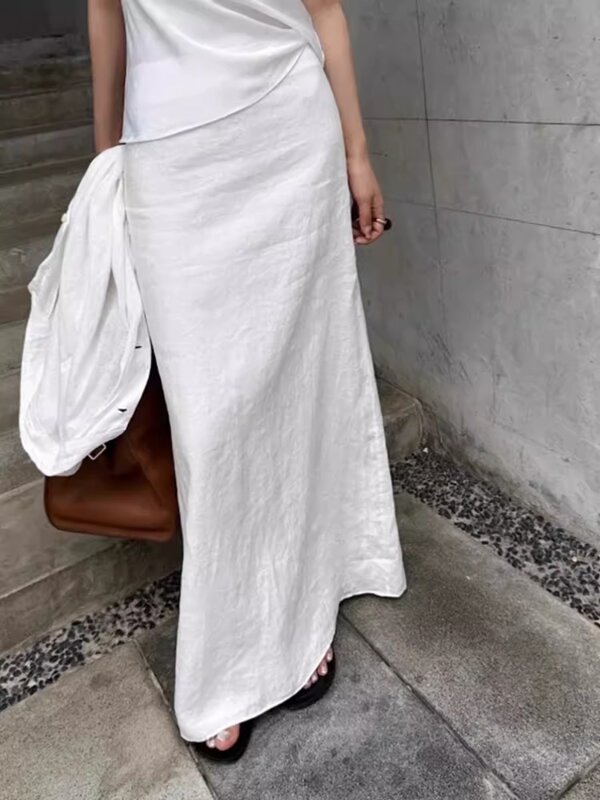 ADAgirl Vintage White Linen Maxi Skirt Straight Cotton High Waisted Split Casual Long Skirts for Women Office Lady Summer Skirt