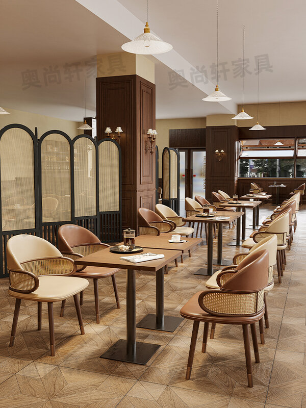 Restoran meja dan kursi kombinasi retro Cina rotan hot pot restoran masakan Jepang dinding busur kursi kayu padat