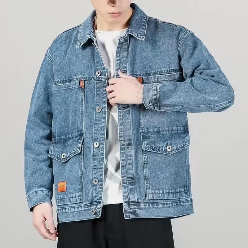 Casaco jeans de manga comprida com botões, botões da moda, jaqueta monocromática, primavera e outono