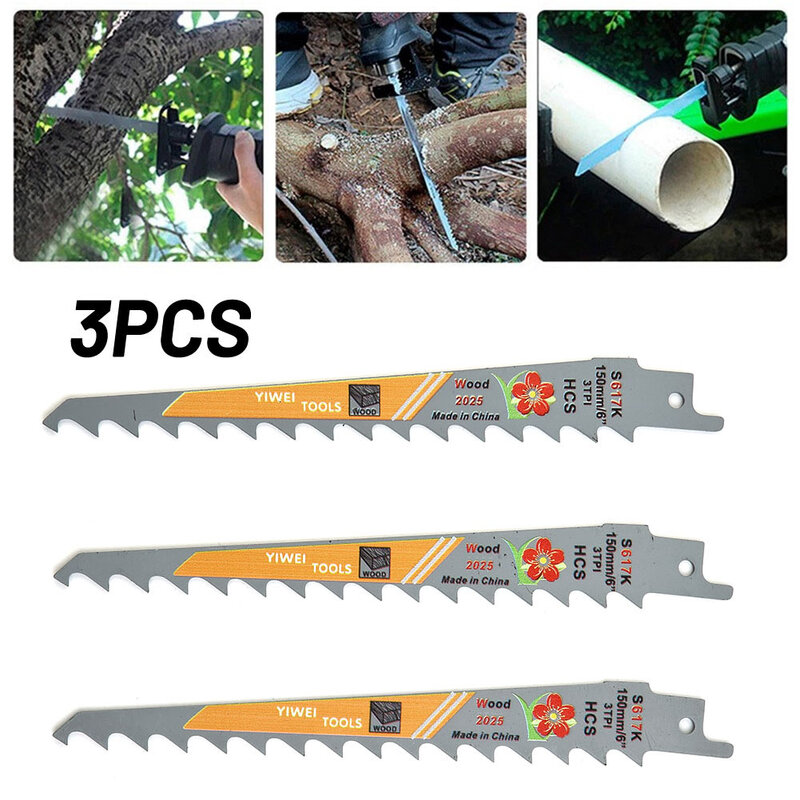 Hojas de sierra HCS 3 TPI para cortar madera, herramienta para cortar madera gruesa, sin clavos, diseñada para cortes curvos, 3 piezas, 150mm, 6 pulgadas