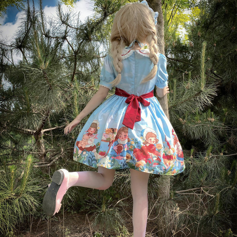 Sweet Lolita Dress for Women Fresh Garden Pastoral Style Lolita Dress Short-sleeved OP Soft Girl Cartoon Printing Dress