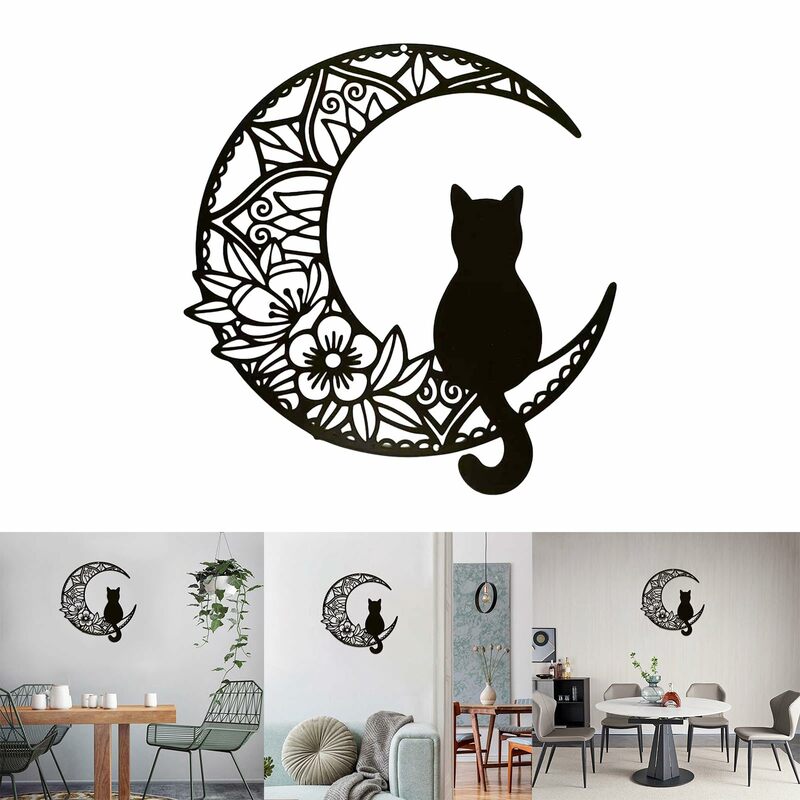 Металлический домашний декор в виде железа и кота и Луны, настенная скульптура в виде черной кошки на Луне, Настенный декор в виде черной кошки для влюбленных