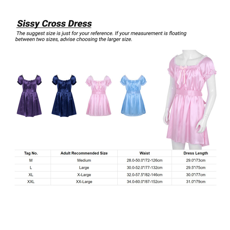 Mens Short Sleeve Sleep Dress Square Neckline Shiny Soft Satin High Low Design Crossdress Lingerie Dress Nightwear