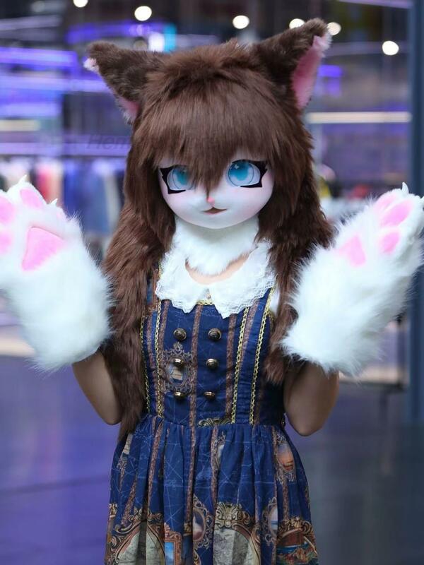 Headset Kigurumi lucu Fursuit kostum Cosplay hewan berbulu kostum Cosplay boneka Rubbit boneka kucing Comiket Furries kostum boneka