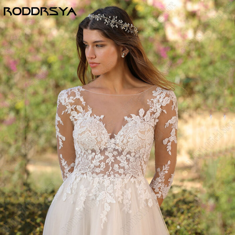 Roddrsya-スクープウェディングドレス、サイド分割、a-lineチュール、錯覚、ボタンバック、アップリケ、自由奔放に生きる花嫁のガウン、3/4スリーブ