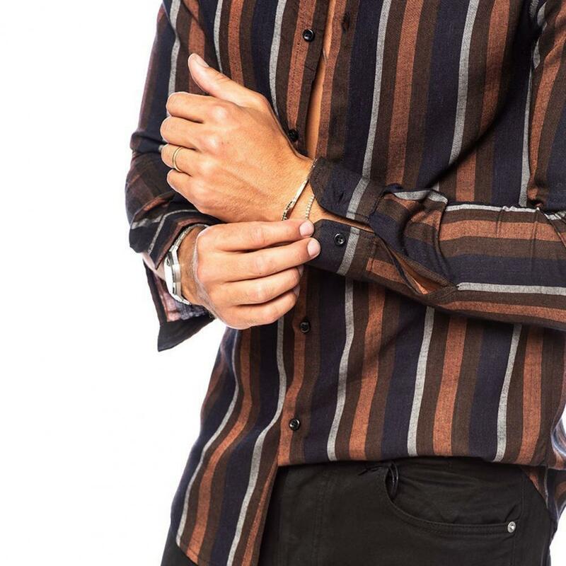 Casual Long Sleeve Shirt Striped Color Matching Men's Cardigan Shirt with Turn-down Collar Slim Fit Breathable Long for Soft
