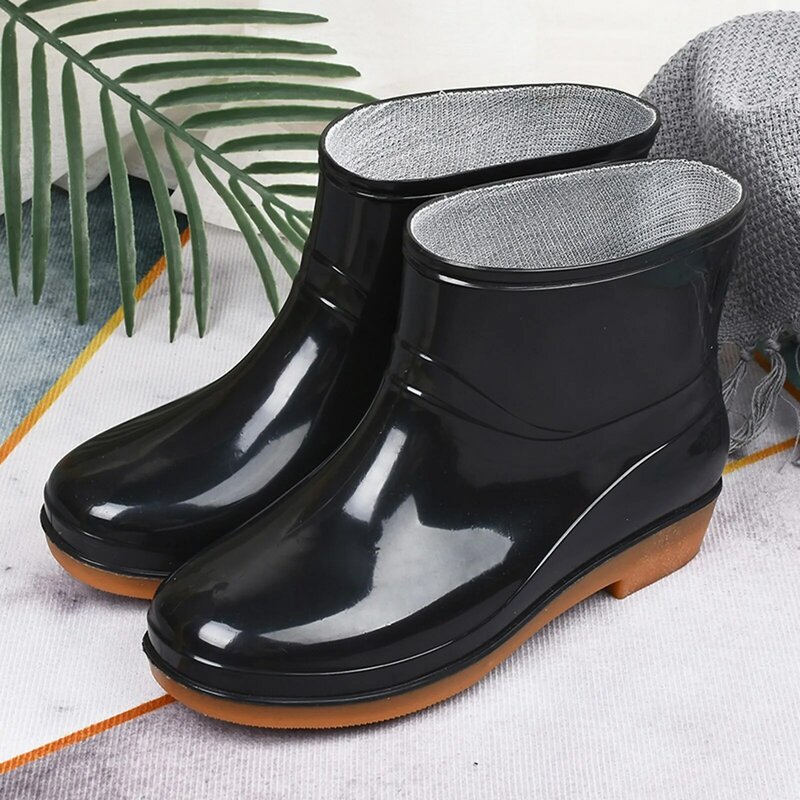 Botas de chuva de salto baixo impermeáveis para mulheres, Sapato Médio Fivela Toe, Sapatos de chuva redondos, Largura larga