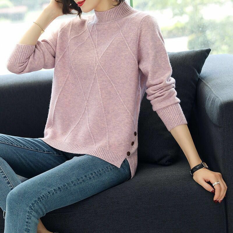 Casual Short Split Hem Sweaters Autumn Winter New Long Sleeve Solid Button Knitting Pullovers Vintage Fashion Women Clothing