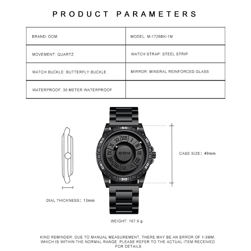 DOM 1726 New Design Magnetic Ball Watch Men Luxury Brand Famous Men's Quartz Movement Waterproof Wristwatches Relogio Masculino