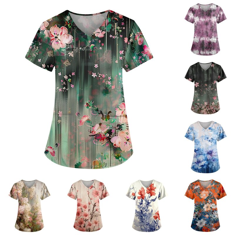 Casual Loose Medical Uniforms Painted Pattern Femme Blouse Working with Pockets Clothes for Women Uniformes Quirurgicos Mujer