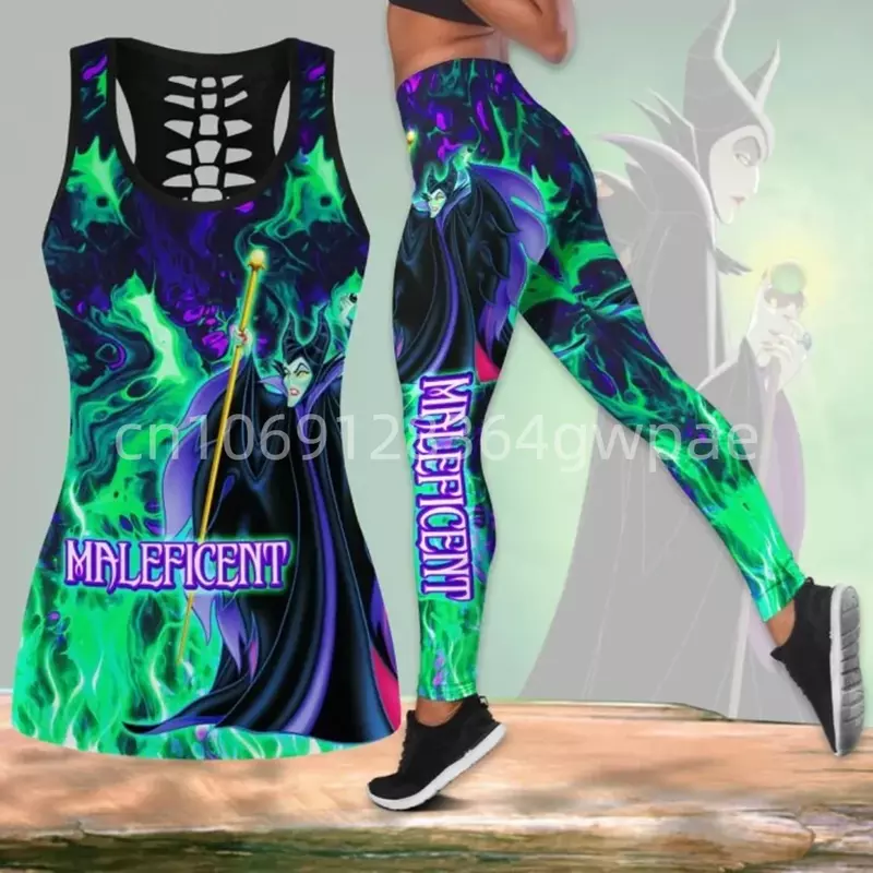 Maleficent Villains Women Book Hollow Vest + Women Leggings Yoga Suit Fitness Leggings Sports Suit Disney Tank Top Leggings Set