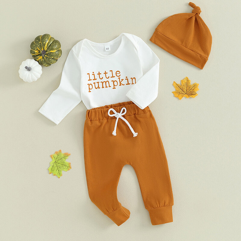 Newborn Baby Boy Halloween Costume Long Sleeve Pumpkin Romper Top Pants Hat 3Pcs Halloween Outfit Clothes Set