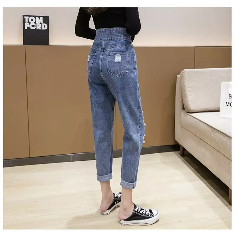 Модные Винтажные джинсы с дырками Y2k, женские уличные свободные прямые брюки Indie с высокой талией, новинка 2024, брюки до щиколотки на весну и осень