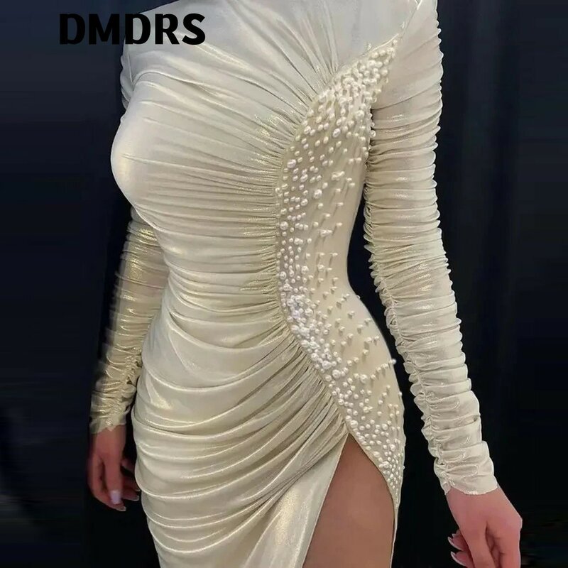 Suknia wieczorowa z do kostek pereł seksowna strona sukienki z rozcięciem najwyższej jakości sukienki na szyję dla kobiet z pełnym rękawem