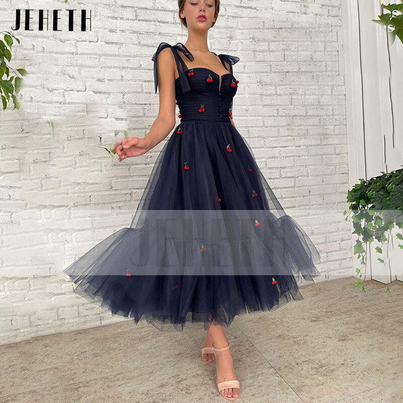 JEHETH Navy Blue Midi Bow Straps Tulle Prom Dresses Tea-Length  A-Line Pleated Party Formal Gown with Pockets robes de soirée