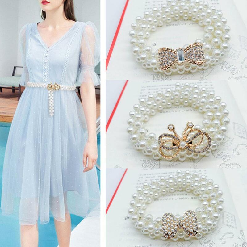 Cinturón de perlas de diamantes de imitación para mujer, lazo dorado y plateado, hebilla de corbata decorativa, cinturón delgado de temperamento de estilo coreano, Rin elástico