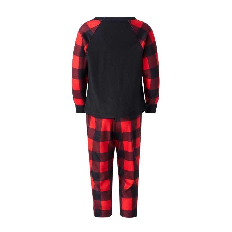 Conjuntos pijamas familiares combinando, pijamas redonda e calças xadrez, roupas dormir F0T5