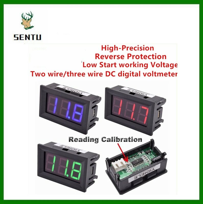 LED voltímetro digital para motocicleta e carro, amperímetro, Volt Painel Tester Meter, 3 fios, 0,56 ", DC, 0-100V Tensão