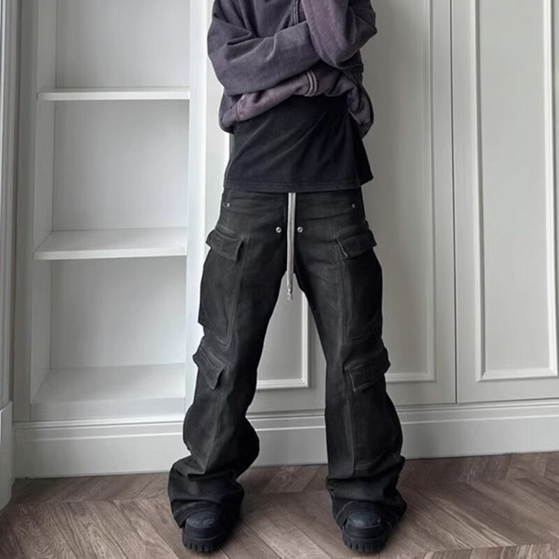 Pantalones vaqueros holgados para Hombre, pantalón de pierna ancha con múltiples bolsillos, color gris humo, con cordón, estilo RO