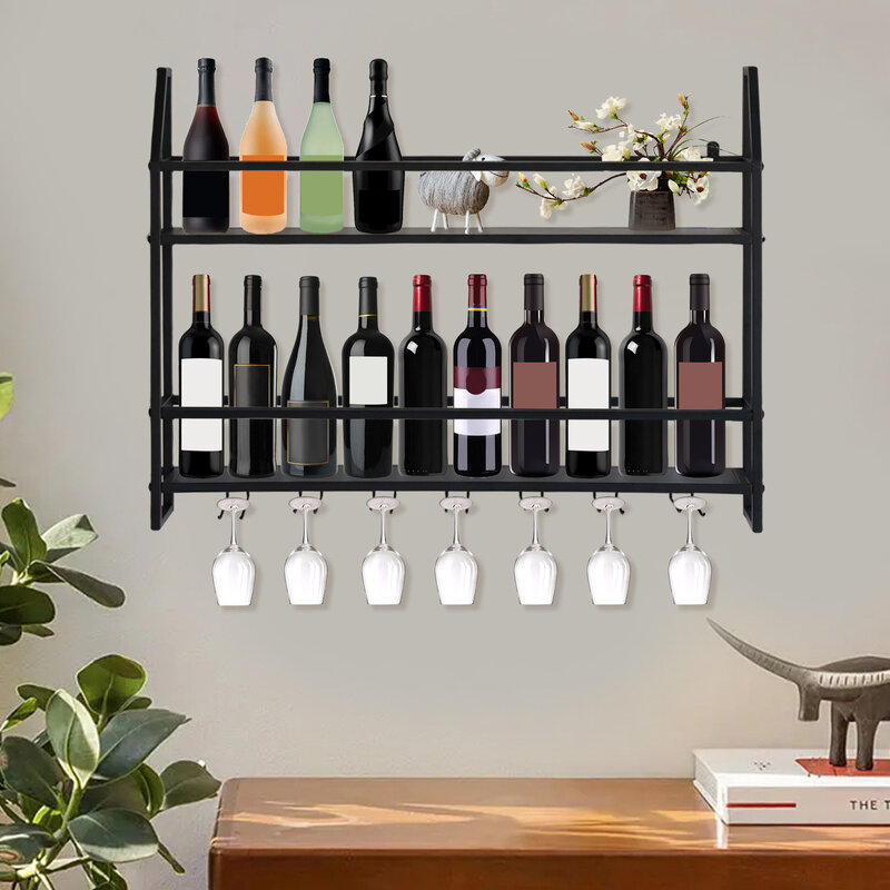 حامل زجاجات مثبت على الحائط لنبيذ البار ، رف نبيذ عالي الجودة ، ديكور حفلات المنزل ، تصميم فريد ، 20 زجاجة ، 7 Goblets