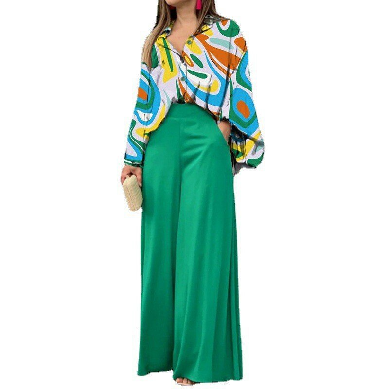 Conjunto de moda para mujer, Camisa estampada con cuello vuelto y pantalones de pierna ancha sólidos, chándal elegante, ropa de talla grande