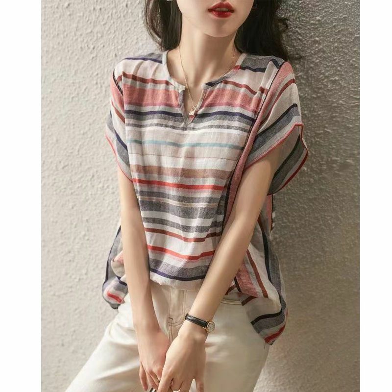 Fashion V-Neck Casual Color Striped Batwing Sleeve Blouses Women's Clothing 2024 Summer New Loose All-match Tops Commuter Shirts