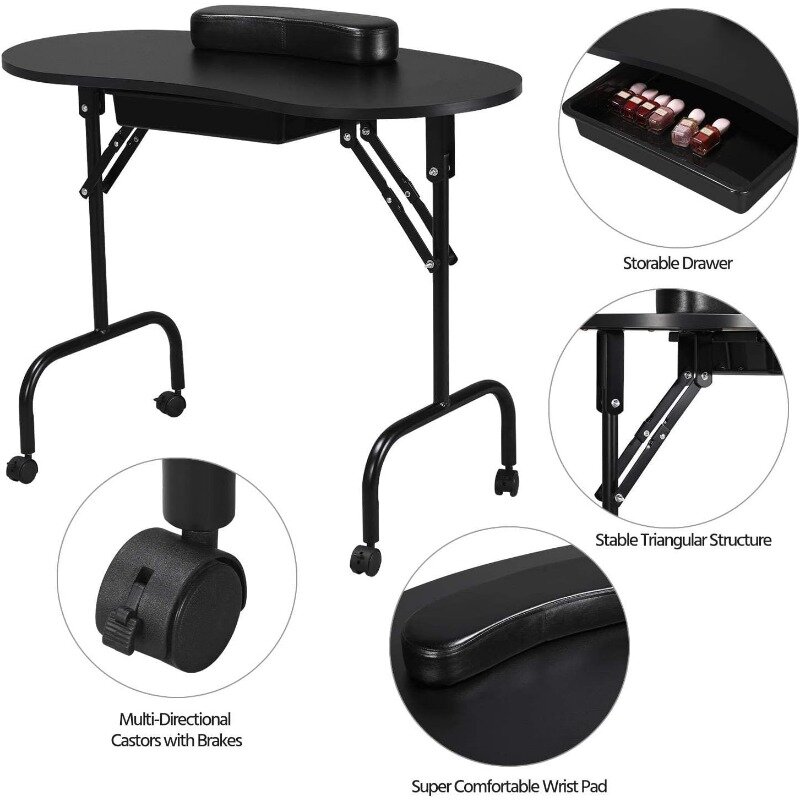 Маникюрный Стол, стол для ногтей, рабочая станция с большим ящиком/клиентская накладка на запястье/управляемые колеса/предмет переноски