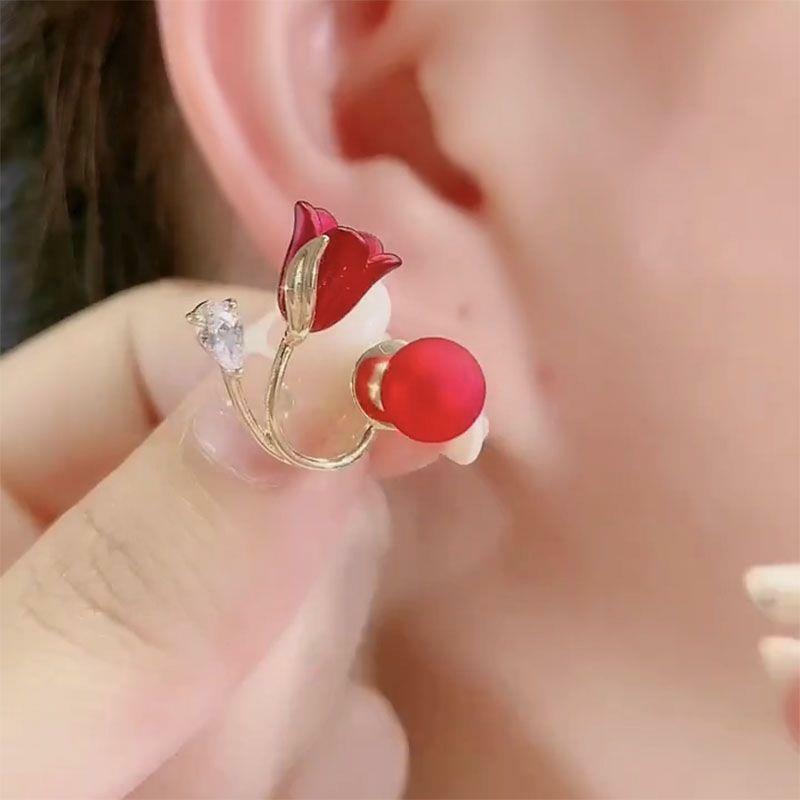 Fashion Red Rose Rhinestone Stud Earrings For Women Butterfly Angel Wings Pearl Flowers Earring Bride Wedding Engagement Jewelry