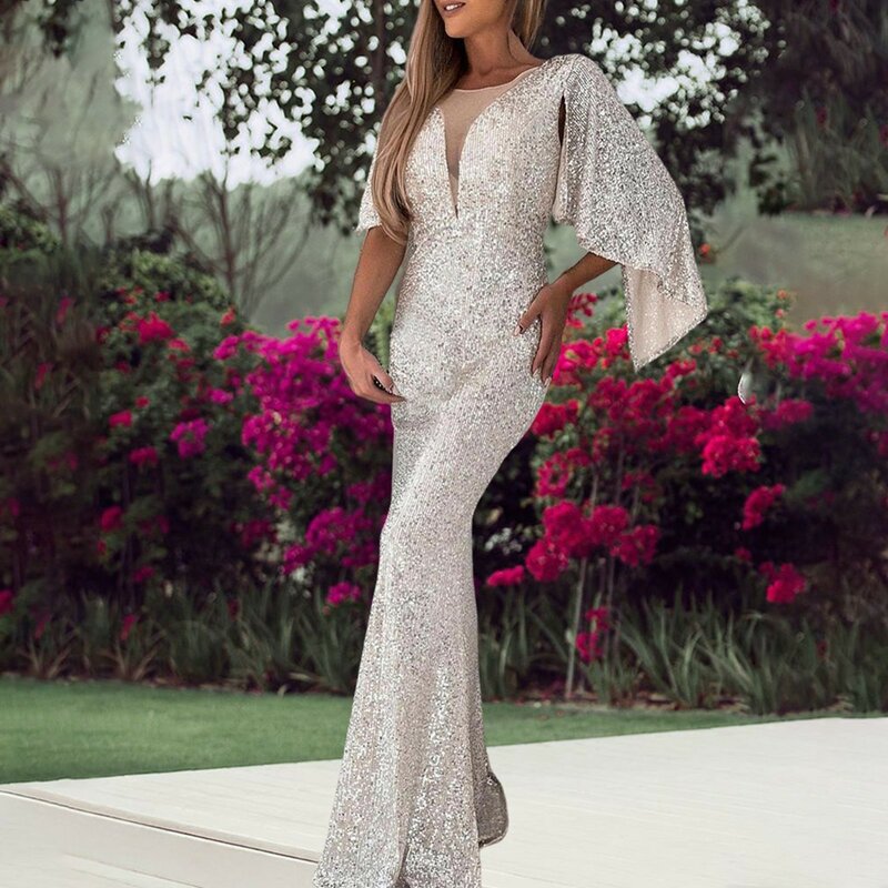 Elegante elegante vestido de coquetel com glitter de malha, lantejoulas brilhantes, decote V profundo, bodycon fino, vestido de festa sexy, 2022