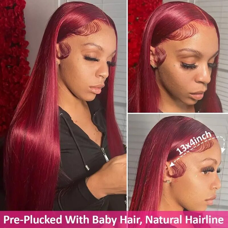 99J-Peluca de cabello humano liso para mujer, postizo de encaje Frontal, color rojo borgoña, 13x4