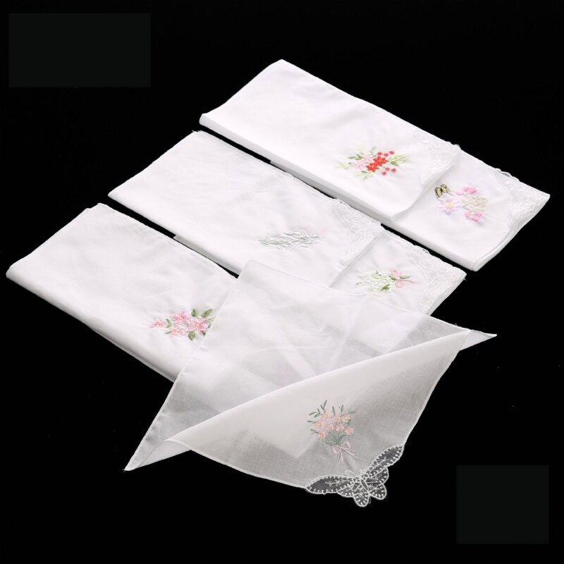 28cm Cotton Soft Embroidered Square Towel Vintage Floral Lace Edging Handkerchief Flower Hanky for Women Girls