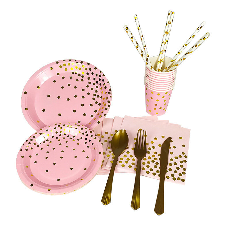 Assiettes en papier rose et or à pois dorés, serviettes, vaisselle jetable pour fête prénatale, mariage, anniversaire