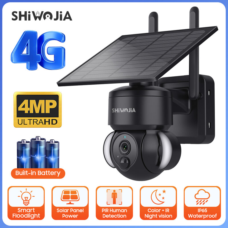 Shiwojia Outdoor Camera 4G / Wifi Zonne-Energie 7500Mah Batterij Met 5W Zonnepanelen 4mp Kleur Nachtzicht Draadloze Tuin Cctv