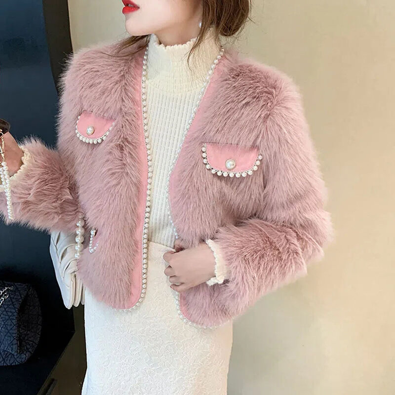 Jaket Pendek Bulu Rubah Mutiara Kerah V Wanita Mantel Musim Dingin 2022 untuk Wanita Mode Korea Mantel Bulu Imitasi Pakaian Wanita Elegan