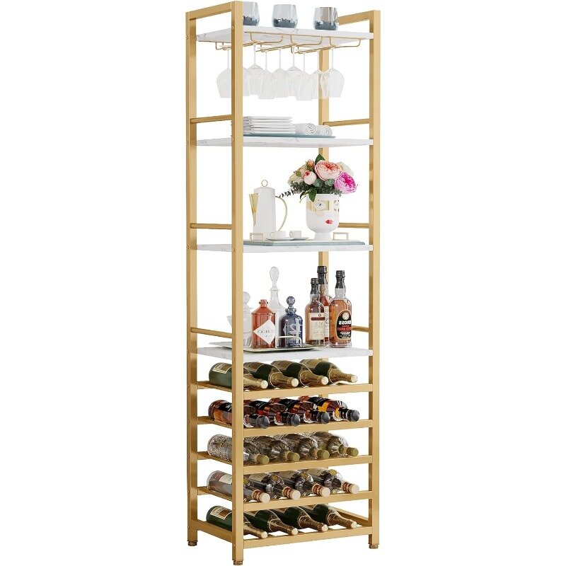 20 Bottle Wine Bakers Rack, 9 Tier Freestanding Wine Rack with Glass Holder and Storage Shelves, Multi-Function Wine Bar