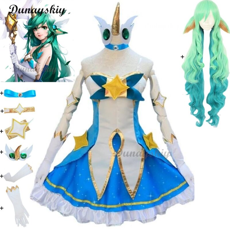 Spiel lol Star Wächter von Soraka Cosplay Kostüm die Starchild Perücke Ohren Horn Anime Lolita Kleid Halloween sexy Frauen grünen Anzug