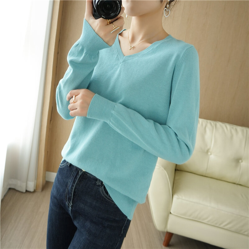 Женская трикотажная рубашка из чистого хлопка, однотонный тонкий свитер свободного покроя с V-образным вырезом и длинным рукавом, пуловер с ...