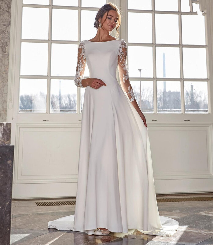 Abito da sposa semplice a maniche lunghe lunghezza del pavimento a-line Robe De Mariee Customzie per le donne abiti da sposa elegante vestido de novia