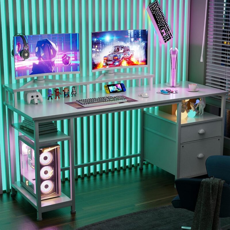 Компьютерный стол Furologee 61 "с тканевым шкафом и ящиками, двусторонний белый стол с полкой для хранения, офисный стол