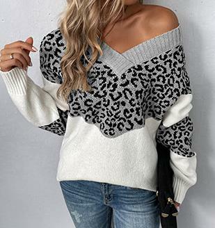 Simple Daily Women Sweaters2023 Autumn/winter New Fashion Casual V-Neck Contrast Leopard Print Pullover Sweater Y2K Clothing