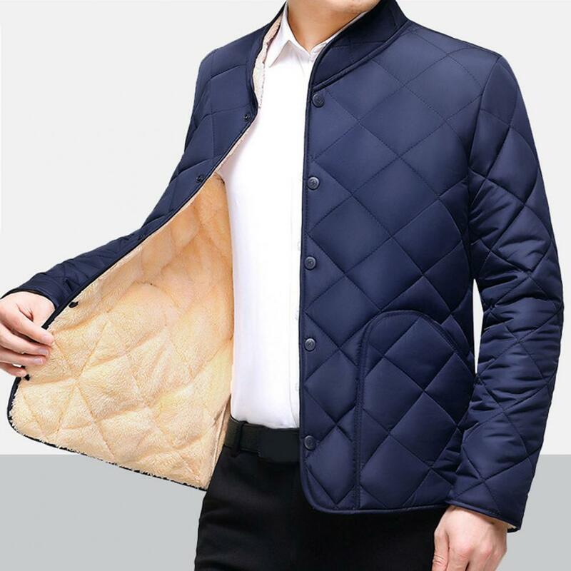 Manteau en coton rembourré à col montant pour hommes, veste cardigan à simple boutonnage, protection du cou, peluche, optique, chaud, hiver, automne