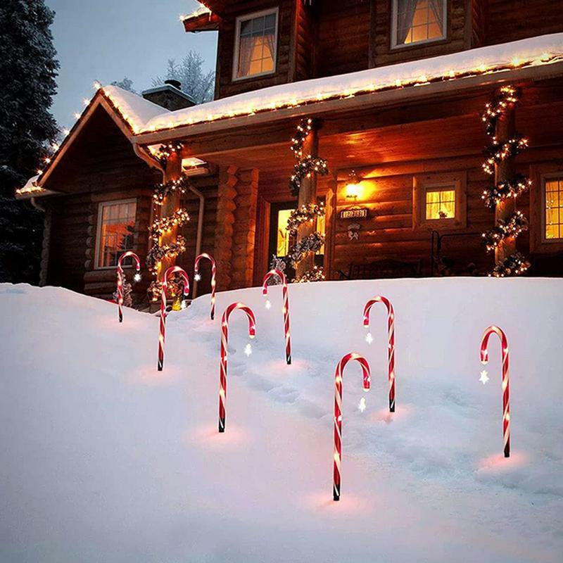 Candy Cane Star Lights para o Natal, Solar Powered Stake Lights, Outdoor Pathway Marker, Lâmpada, Decoração de Natal, 8pcs por conjunto