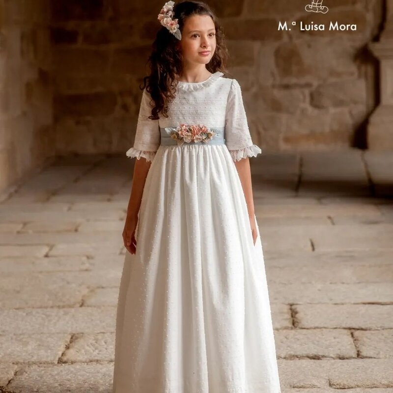 FATAPAESE First Communion Girl Dress for Kid Vintage Princess Lace Floral Ribbon Belt Bridemini Wedding Bridesmaid Cotton Gown