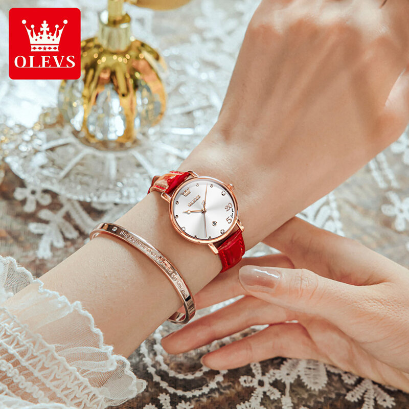 Jam tangan kuarsa wanita, arloji merek mewah tanggal tali kulit berlian elegan tahan air untuk wanita