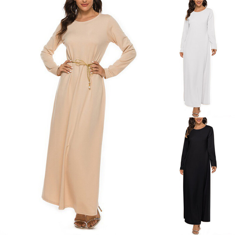 Bata de Oriente Medio para oración, ropa diaria de Color sólido, manga larga, microelasticidad, cuello redondo, poliéster musulmán, 1 piezas