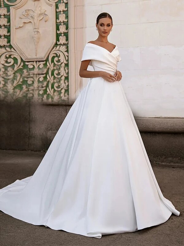 Eleganti abiti da sposa al largo della spalla in raso a-line abiti da sposa per la festa formale con scollo a v lunghezza del pavimento Vestidos De Novia 2024