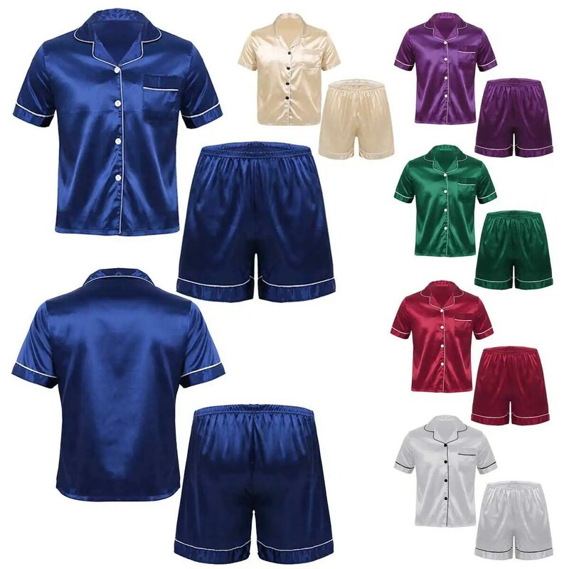 Mens Silky Satin Pajamas Set Summer Notch Collar Short Sleeves Shirt Top+Elastic Boxer Shorts Pants Casual Sleepwear Loungewear